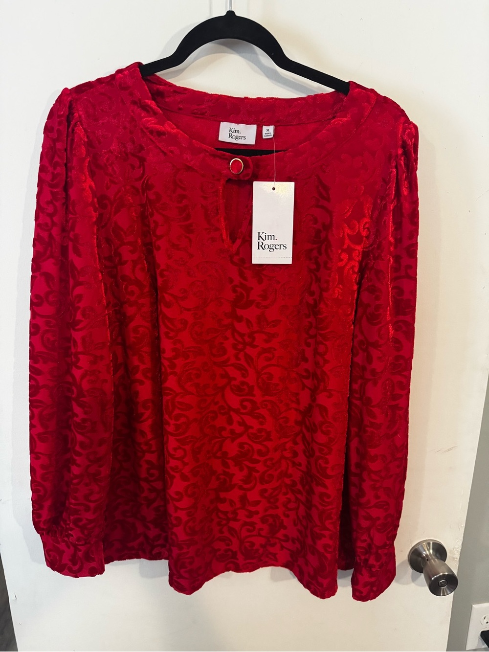 Kim Rogers Red Velvet Burnout Long Sleeve Top - New With Tags